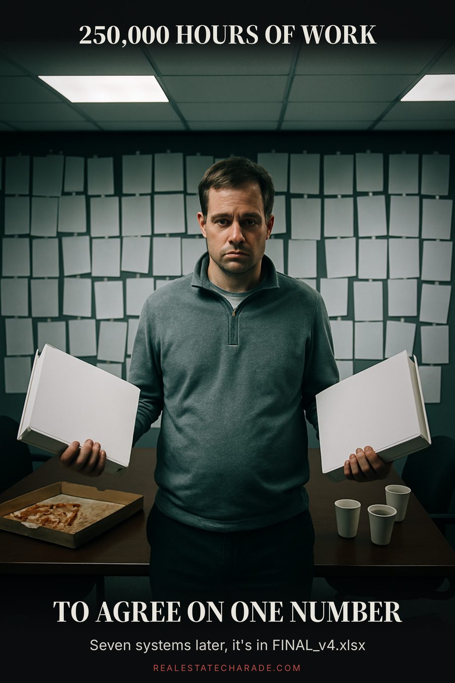 Meme layout. Photo of an exhausted man in a quarter-zip in a fluorescent-lit conference room, walls covered in taped-up paper, holding two identical binders and comparing them. Top caption reads 250,000 hours of work. Bottom caption reads To agree on one number. Smaller line below reads Seven systems later, it's in FINAL underscore v4 dot xlsx.