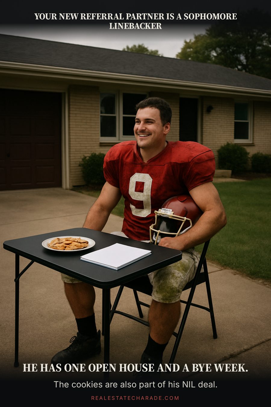A college football player in full pads sits at a small card table in a suburban driveway with a plate of cookies. Caption above reads that your new referral partner is a sophomore linebacker; caption below says he has one open house and a bye week.