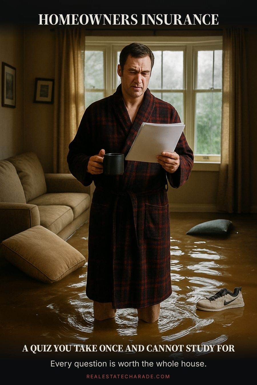 A man in a bathrobe stands in shin-deep floodwater in his own living room, calmly reading a thick document with a coffee mug in hand. Caption above reads homeowners insurance; below, a quiz you take once and cannot study for.