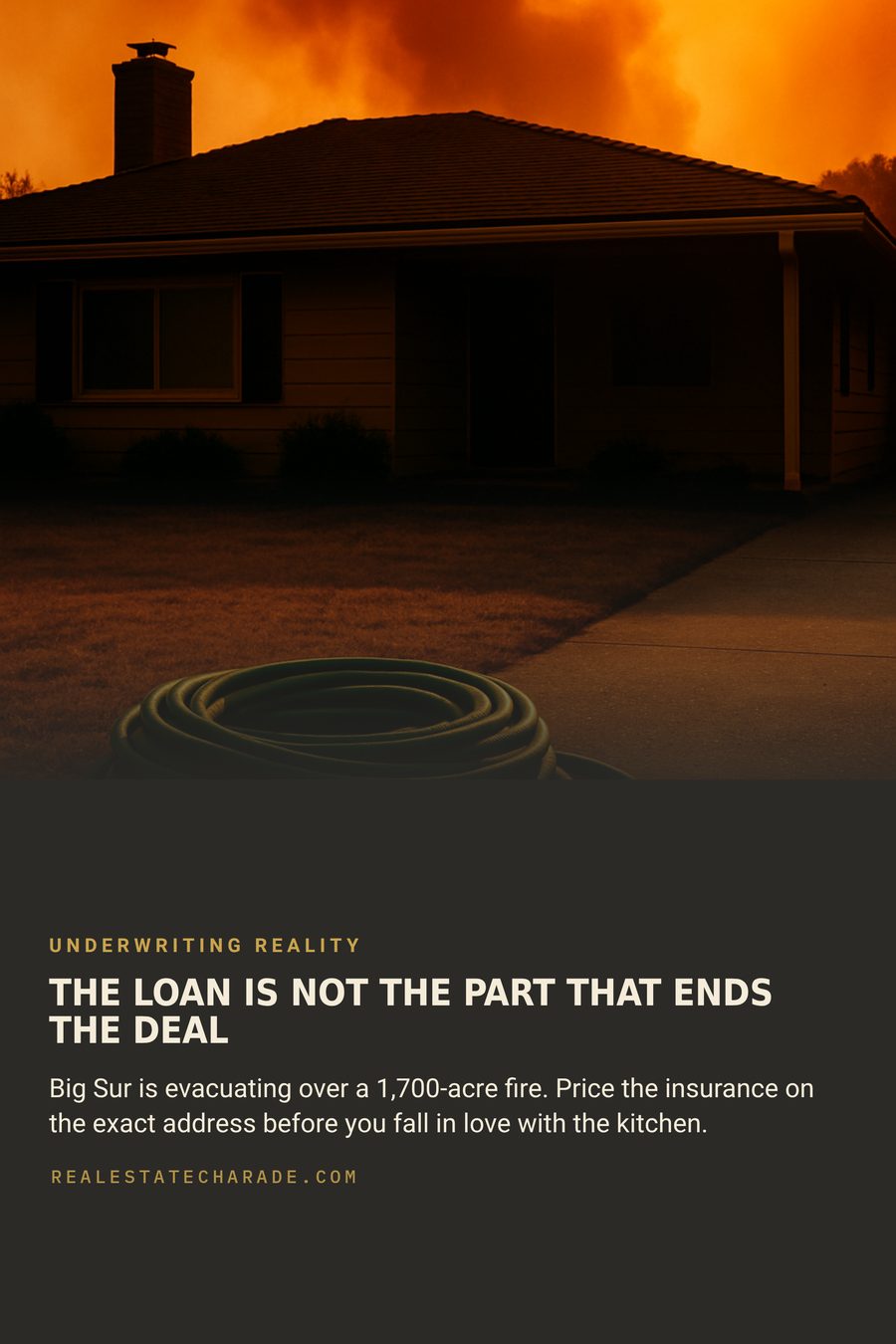 A garden hose coiled on a dry lawn beside a ranch house with heavy orange wildfire smoke in the sky and ash on the driveway. Headline reads The loan is not the part that ends the deal, with a line noting Big Sur is evacuating over a 1,700-acre fire and advising buyers to price insurance on the exact address.