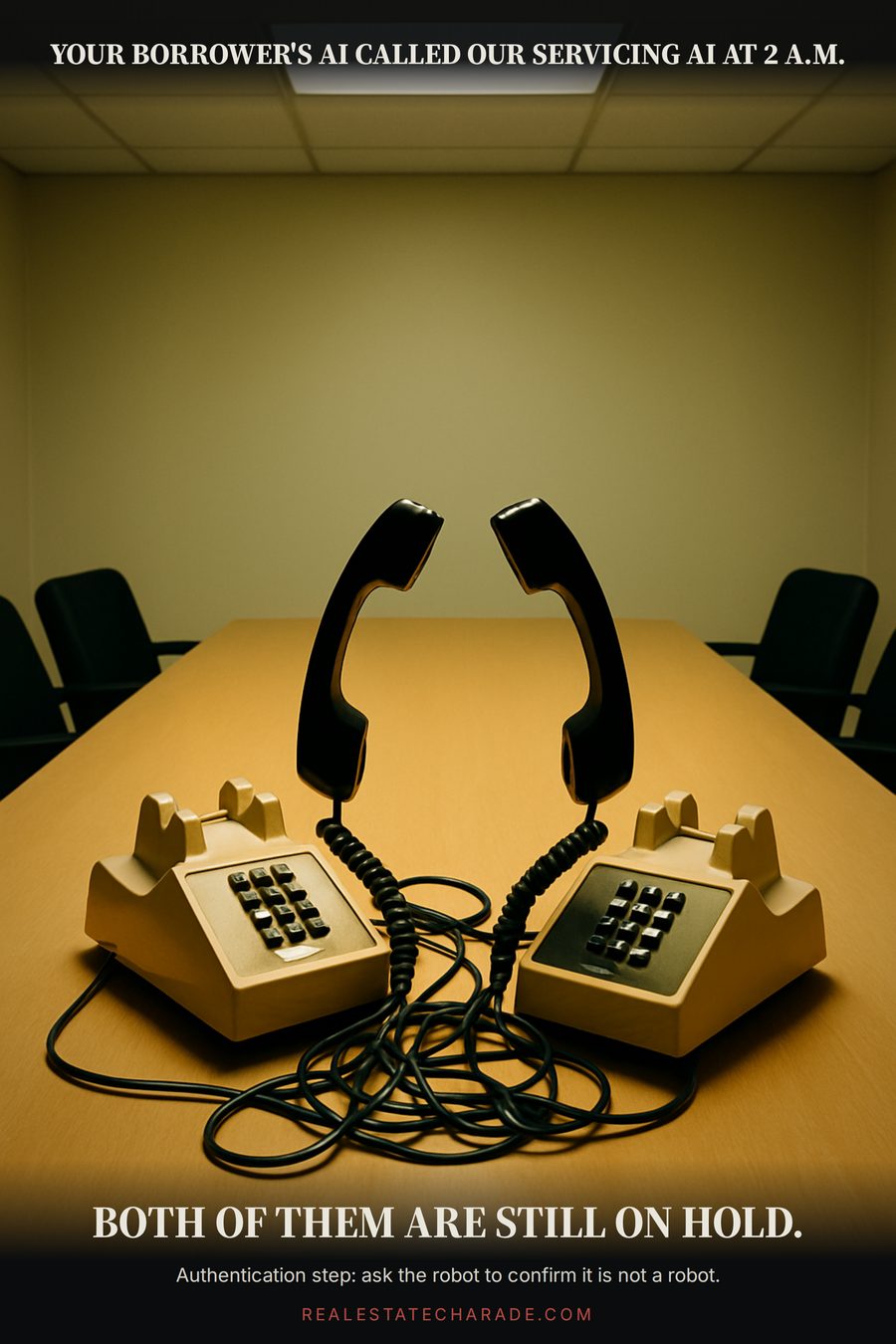 Two office desk phones on an empty conference table with receivers propped up facing each other. Caption above reads that your borrower's AI called our servicing AI at 2 a.m., caption below reads that both of them are still on hold.