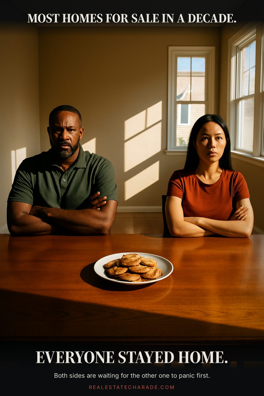 A man and a woman sit at opposite ends of a long bare dining table in an empty staged house, arms crossed, staring straight ahead, with an untouched plate of cookies between them. Caption above reads that there are the most homes for sale in a decade; caption below reads that everyone stayed home.