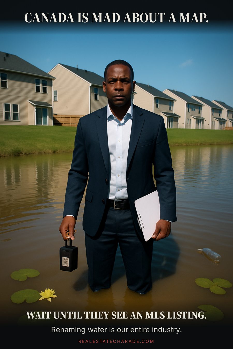 A real estate agent in a blazer stands shin-deep in a muddy retention pond behind identical new houses, holding a lockbox and clipboard with a straight face. Caption above reads Canada is mad about a map, below reads wait until they see an MLS listing.