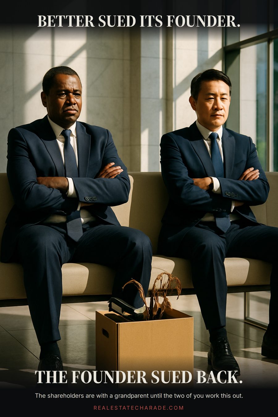 Two men in matching navy suits sit at opposite ends of a lobby bench, arms crossed, not looking at each other, a cardboard box of desk items between them. Caption above: Better sued its founder. Below: The founder sued back. Small line: The shareholders are with a grandparent until the two of you work this out.