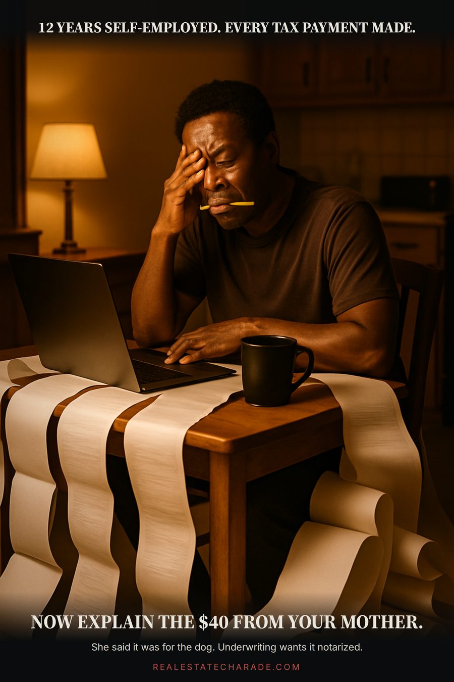 Meme: a person at a kitchen table at night buried in an endless scroll of printed bank statements. Text above reads 12 years self-employed, every tax payment made. Text below reads now explain the forty dollars from your mother.