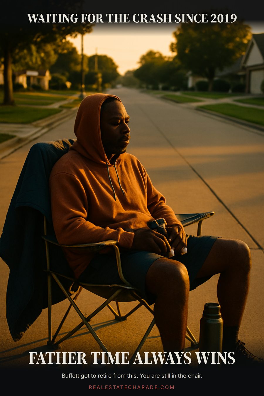 A man in a hoodie sits in a folding lawn chair at the end of an empty suburban driveway at dawn with binoculars and a thermos. Caption above reads 'Waiting for the crash since 2019.' Caption below reads 'Father Time always wins.'