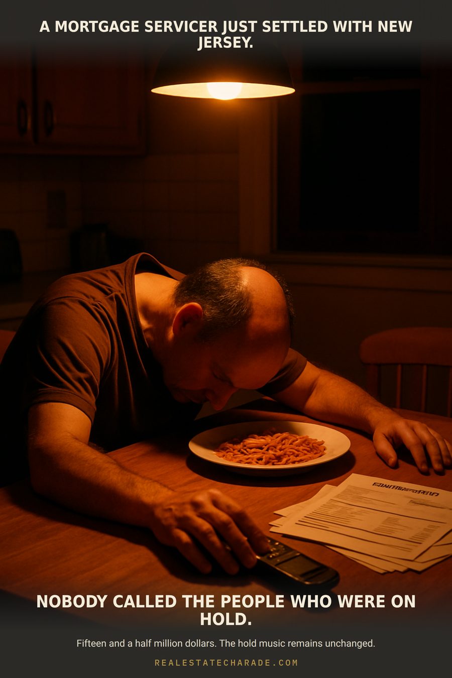 A man with his head down on a kitchen table at night beside a cold plate of pasta, a phone on speaker and a pile of mortgage statements. Caption above reads that a mortgage servicer just settled with New Jersey; caption below reads that nobody called the people who were on hold.