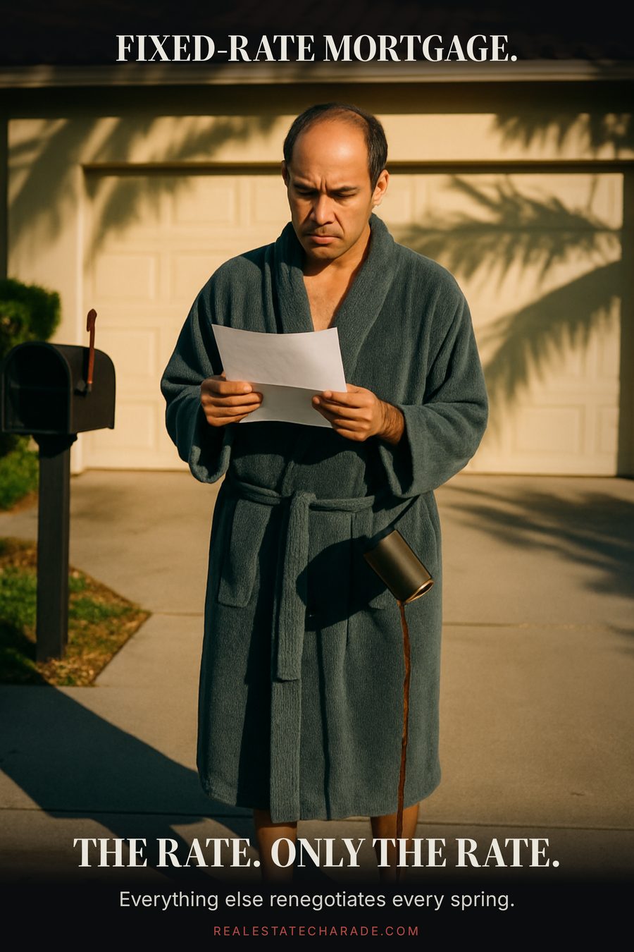 A man in a bathrobe at the end of a driveway reads a single letter with a stunned expression while coffee spills unnoticed from his mug. Caption above reads 'Fixed-rate mortgage.' Caption below reads 'The rate. Only the rate.' A smaller line adds 'Everything else renegotiates every spring.'