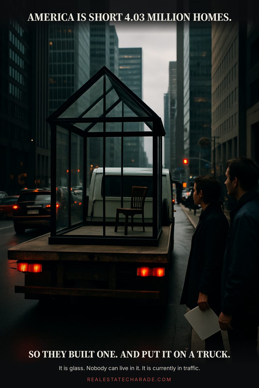 A small glass house strapped to a flatbed truck driving through city traffic while pedestrians stare, captioned that America is short 4.03 million homes so they built one and put it on a truck.