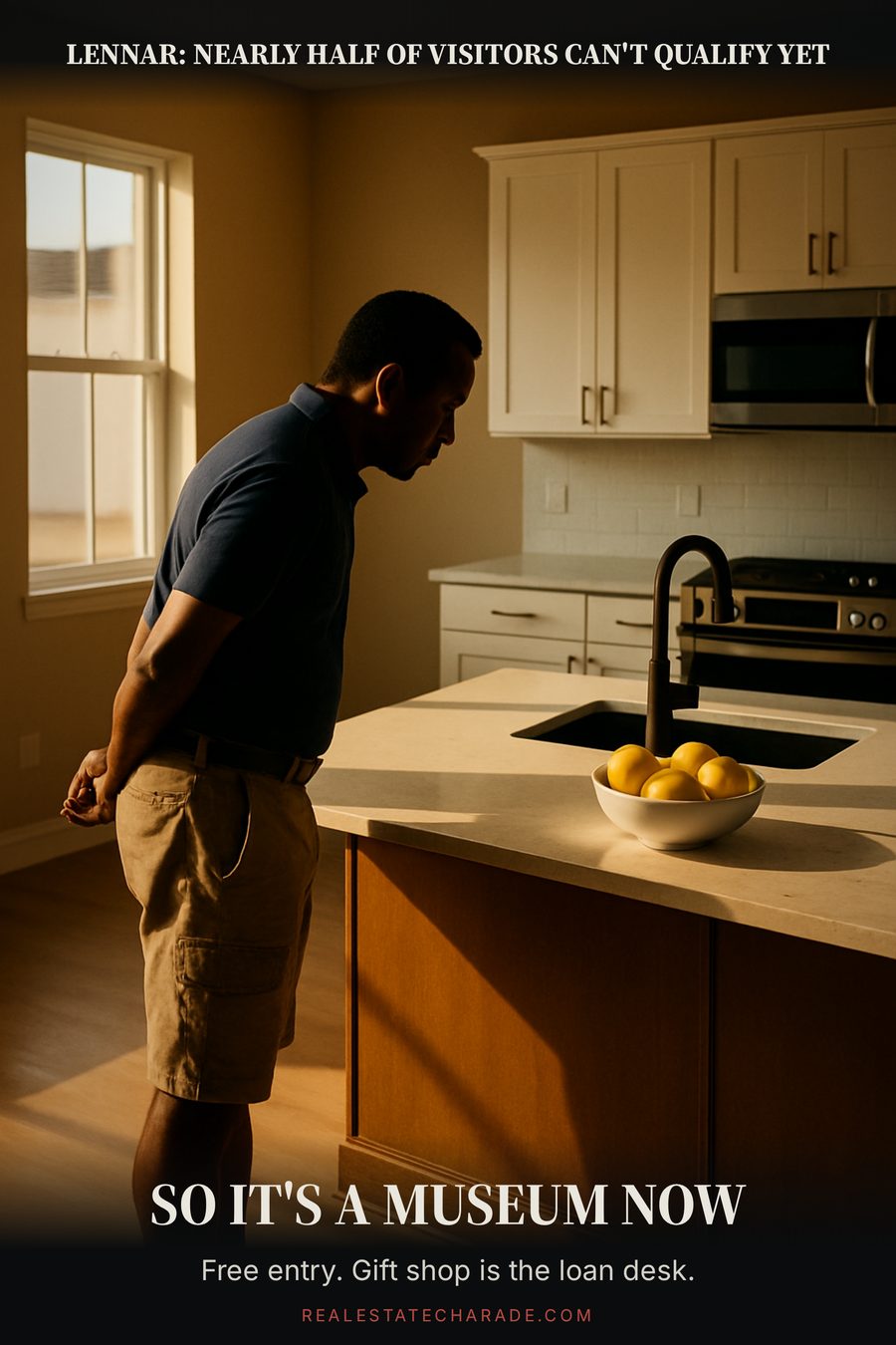 Meme image: a man in cargo shorts stands with hands behind his back studying a staged model home kitchen island like a museum exhibit. Caption above reads that nearly half of visitors can't qualify yet, caption below reads: So it's a museum now.