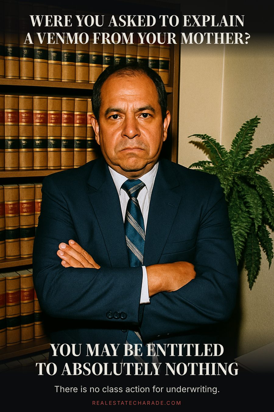 A sincere man in a cheap suit stands in front of a wall of law books like a local TV lawyer commercial. Caption above asks if you were asked to explain a Venmo from your mother. Caption below says you may be entitled to absolutely nothing.