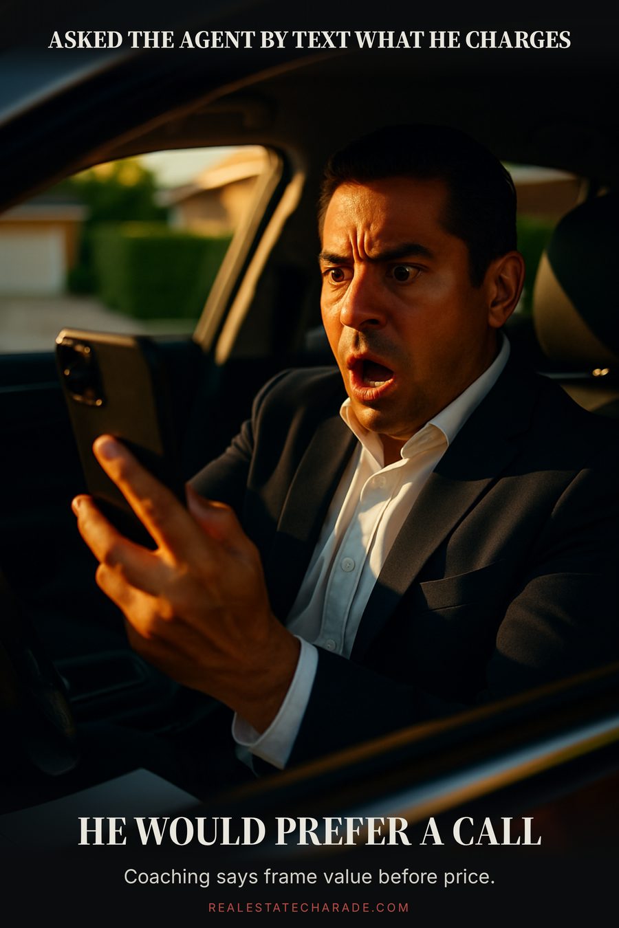 A real estate agent sits in a parked SUV holding his phone at arm's length in alarm. Text above reads that someone asked him by text what he charges; text below reads that he would prefer a call.