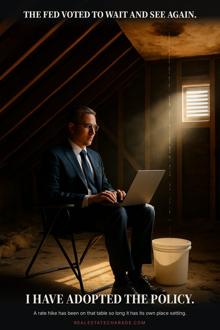 A man in a full business suit sits calmly in a lawn chair in an unfinished attic with a laptop on his knees while a bucket catches water dripping from the ceiling. Caption above: The Fed voted to wait and see again. Caption below: I have adopted the policy.