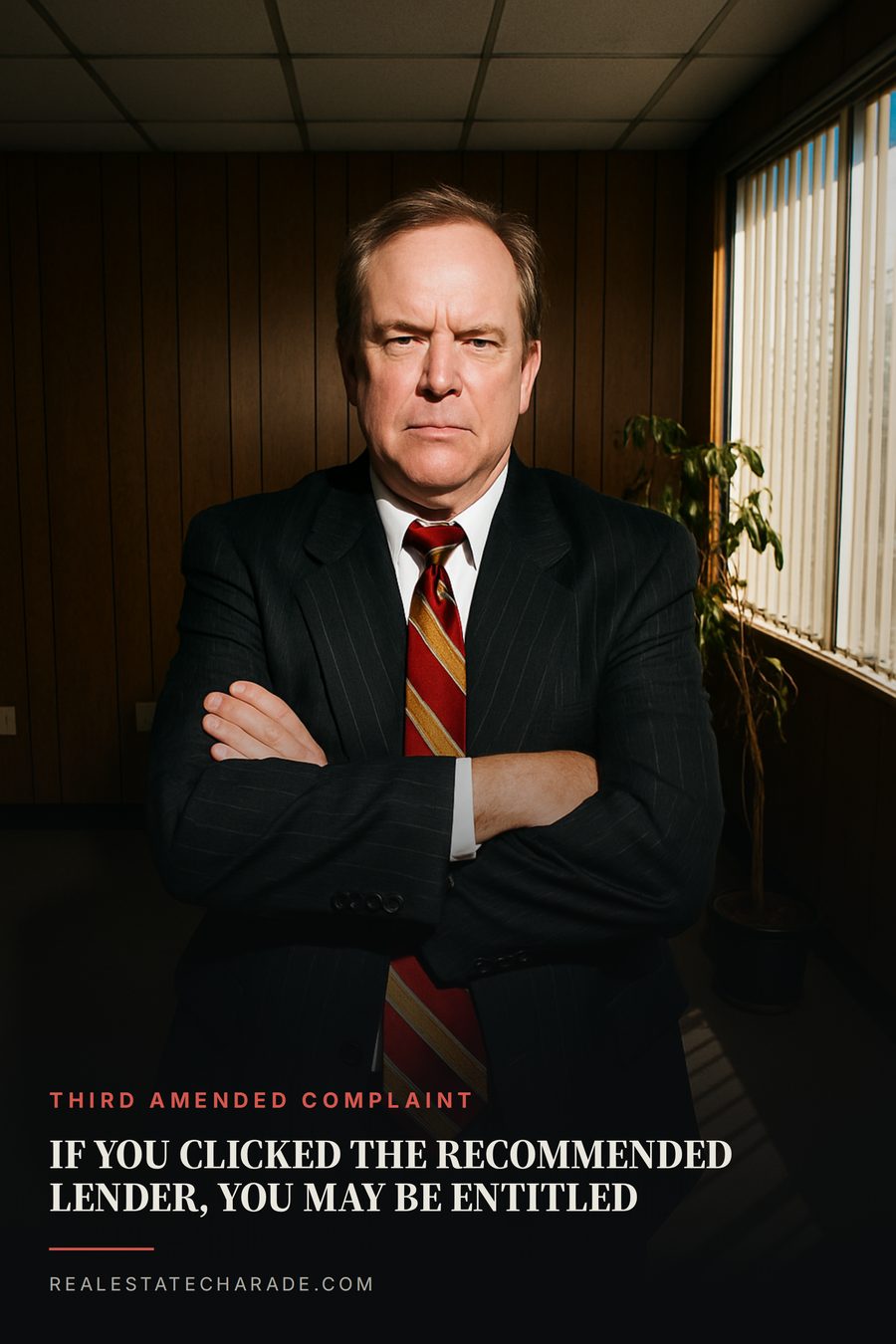 A man in an oversized pinstripe suit stands with arms crossed in an empty wood-paneled office, lit by harsh camera flash like a low-budget TV lawyer ad. Text reads: If you clicked the recommended lender, you may be entitled. Kicker: Third amended complaint.