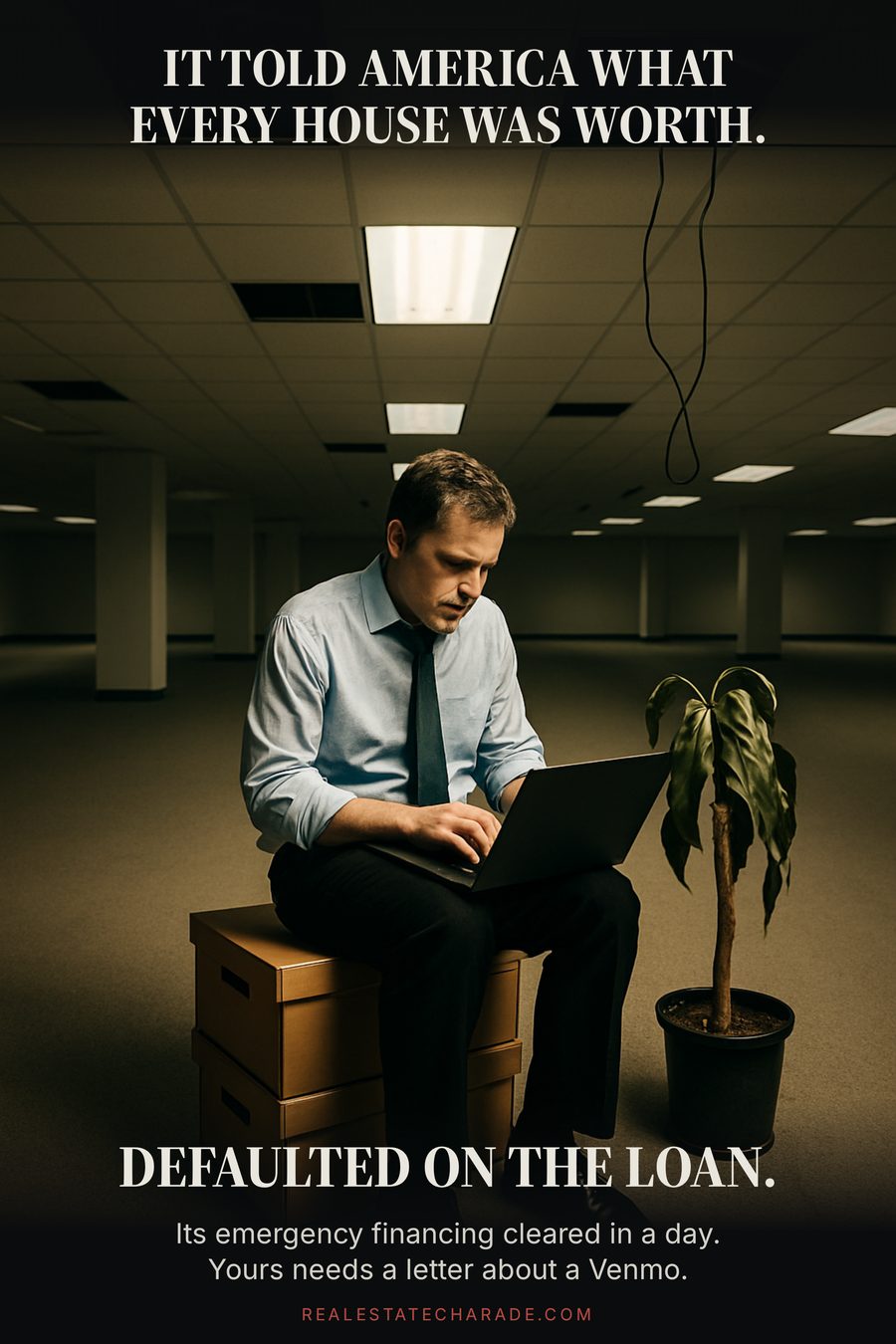 Meme format. Photo of a man in a wrinkled shirt sitting on cardboard boxes in an emptied-out office with a dying plant. Caption above: It told America what every house was worth. Caption below: Defaulted on the loan. Smaller line: Its emergency financing cleared in a day. Yours needs a letter about a Venmo.