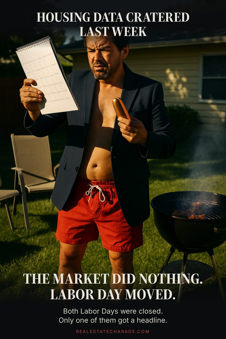 Meme image: a man in swim trunks and a blazer stands by a backyard grill studying a paper wall calendar with alarm. Caption above reads that housing data cratered last week; caption below reads that the market did nothing and Labor Day moved.