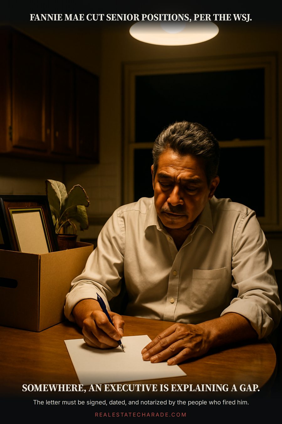 Meme image of a man in a rumpled dress shirt hand-writing a letter at a kitchen table at night beside a cardboard box of office belongings. Caption above reads that Fannie Mae cut senior positions per the WSJ; caption below reads that somewhere an executive is explaining a gap.