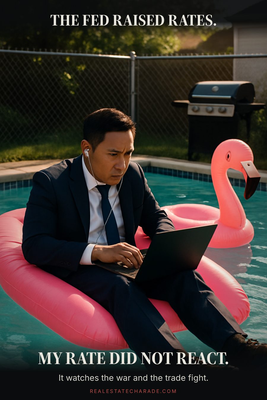 A man in a full business suit floats on a pink pool lounger in a backyard pool with a laptop on his stomach, watching intently. Caption above reads The Fed raised rates, caption below reads My rate did not react.