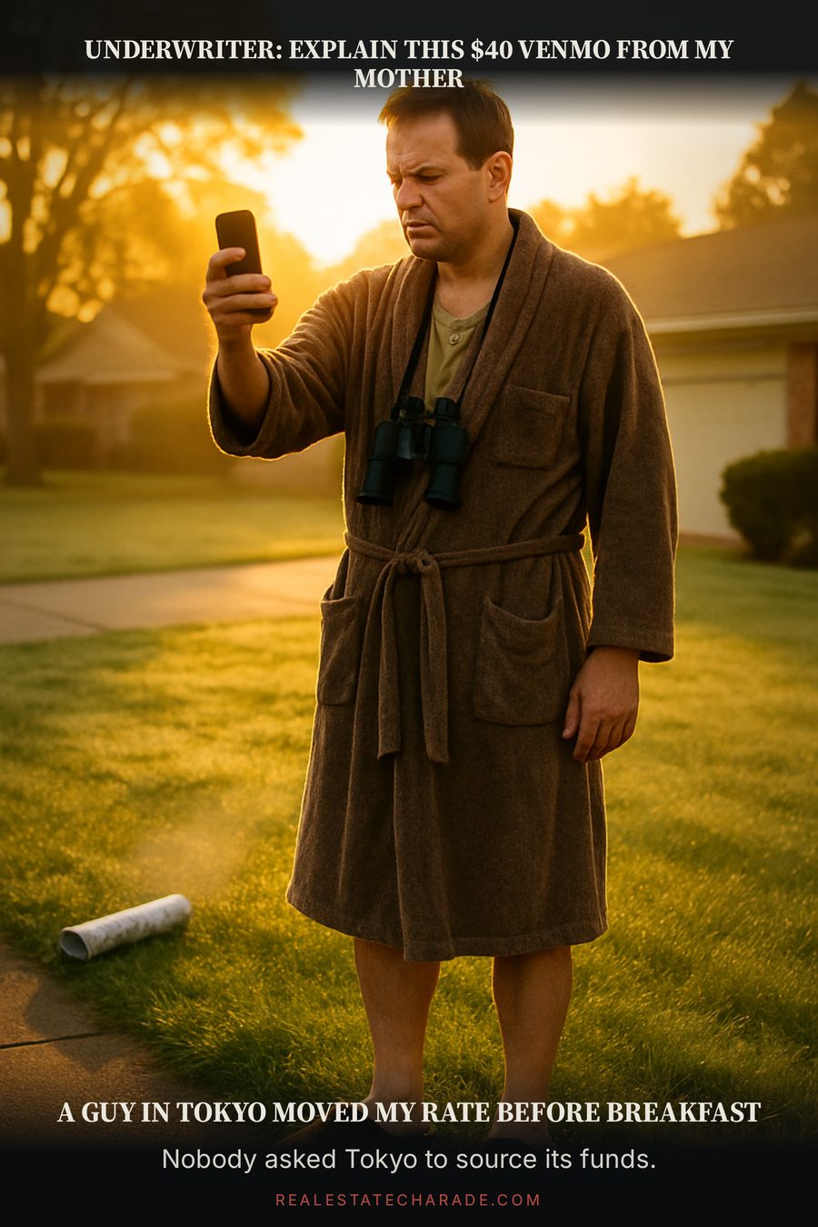Meme: a man in a bathrobe with binoculars stands on a dewy suburban lawn at sunrise squinting at his phone. Top caption reads, Underwriter: explain this $40 Venmo from my mother. Bottom caption reads, A guy in Tokyo moved my rate before breakfast. Below that, a line reads, Nobody asked Tokyo to source its funds.