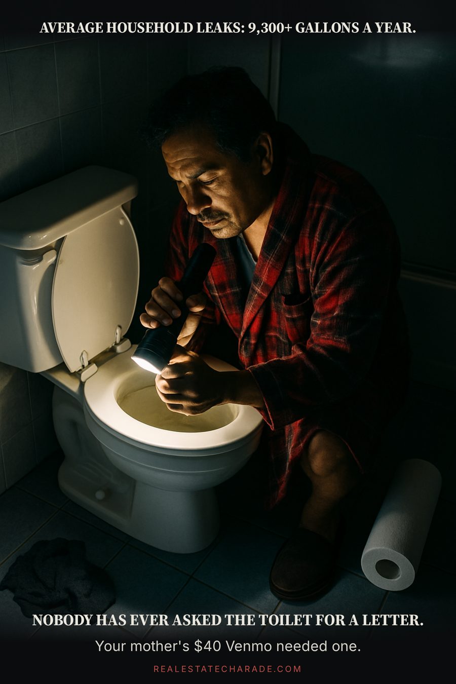 A person in a bathrobe kneels on bathroom tile at night, holding a flashlight and staring into an open toilet tank. Caption above reads that the average household leaks 9,300-plus gallons a year; caption below says nobody has ever asked the toilet for a letter.