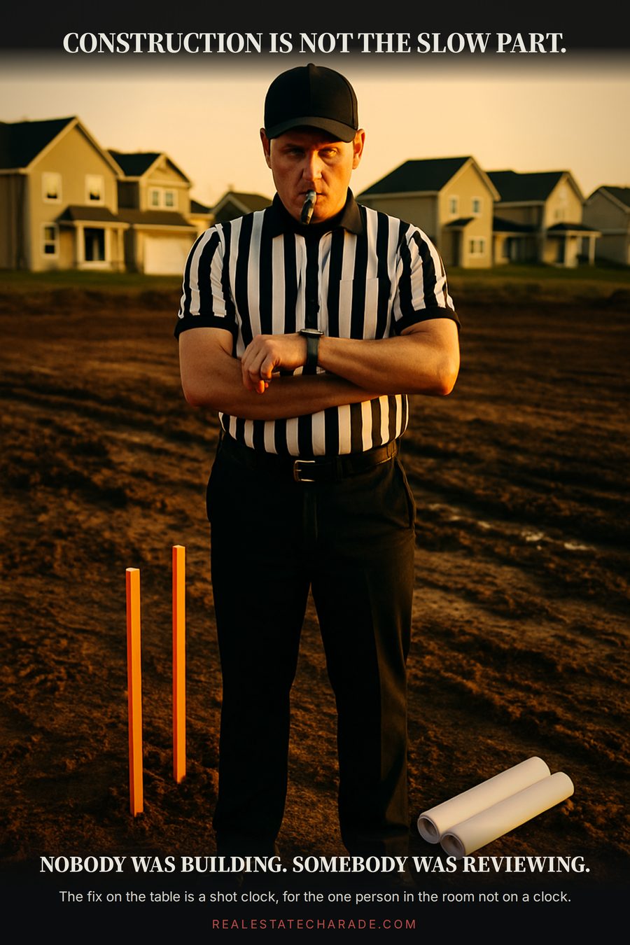 A basketball referee in a striped uniform stands alone in an empty muddy building lot checking a wristwatch, with survey stakes at their feet. Caption above reads that construction is not the slow part; caption below reads nobody was building, somebody was reviewing.