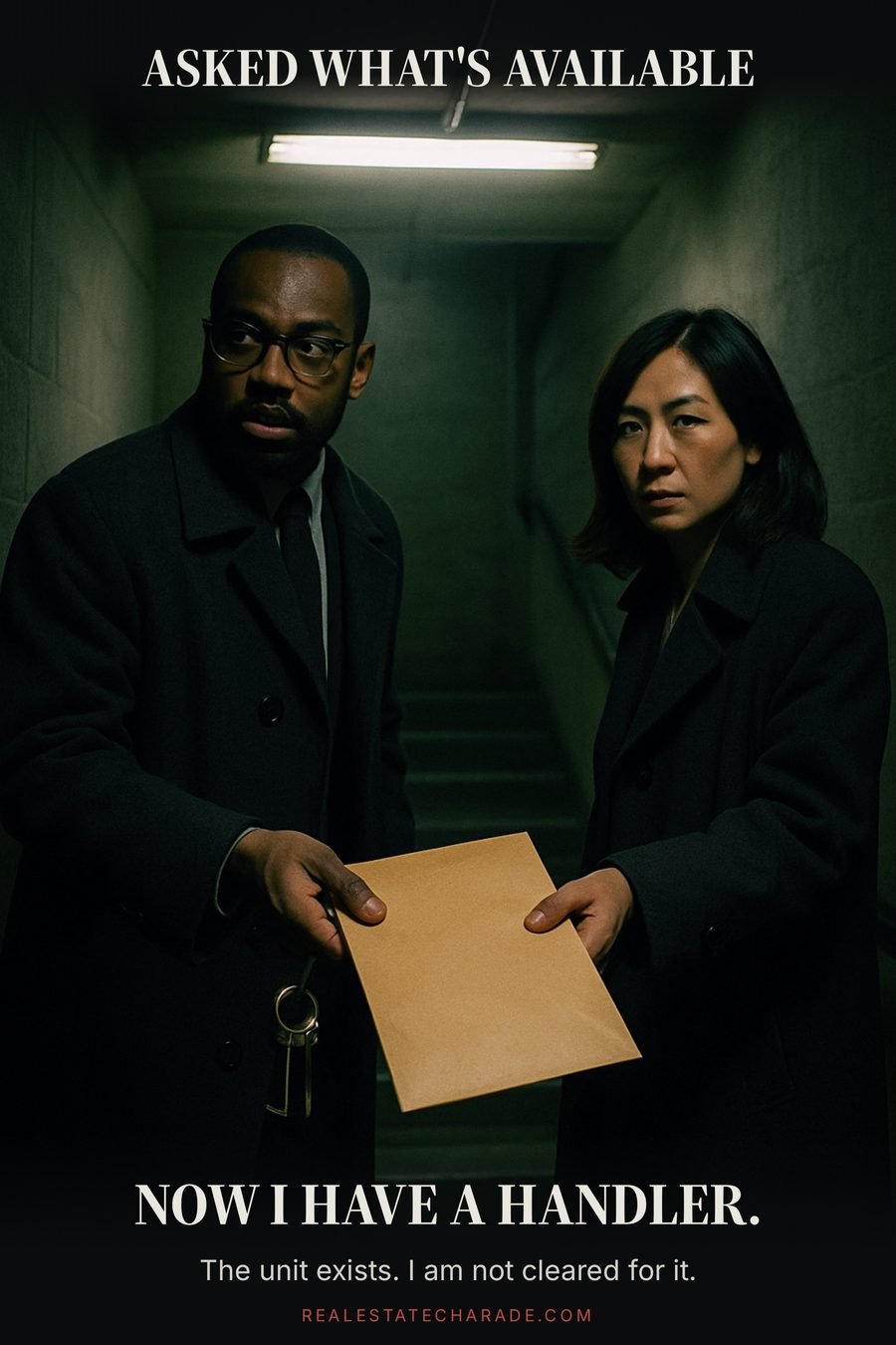 Two people in overcoats hand off a manila envelope in a dim apartment stairwell like a spy exchange. Caption above reads that the renter asked what was available; below, that they now have a handler.