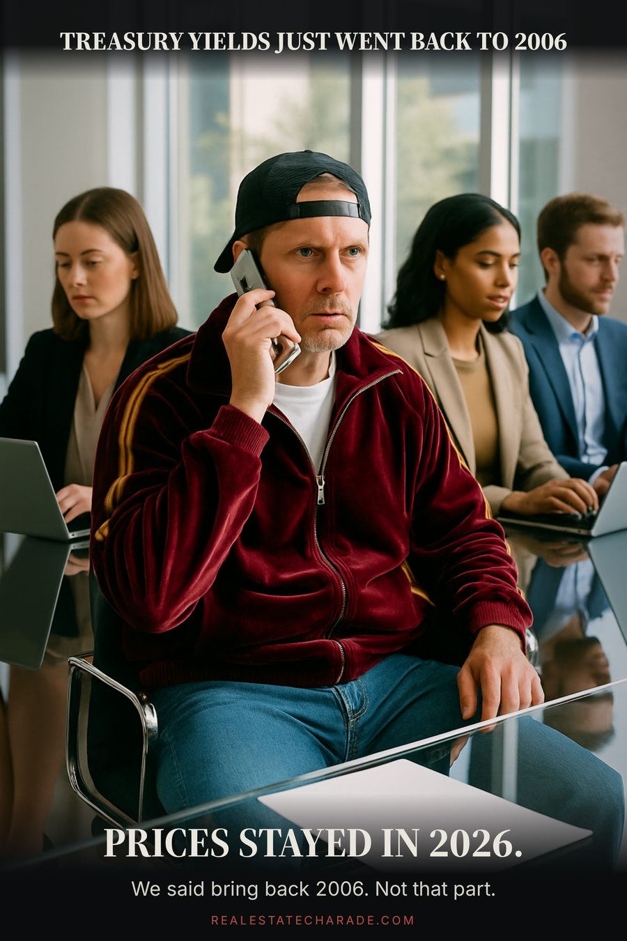 A man dressed in mid-2000s clothing with a flip phone sits in a modern glass-walled office meeting while colleagues in current business clothes ignore him. Caption above reads that Treasury yields just went back to 2006; caption below reads that prices stayed in 2026.