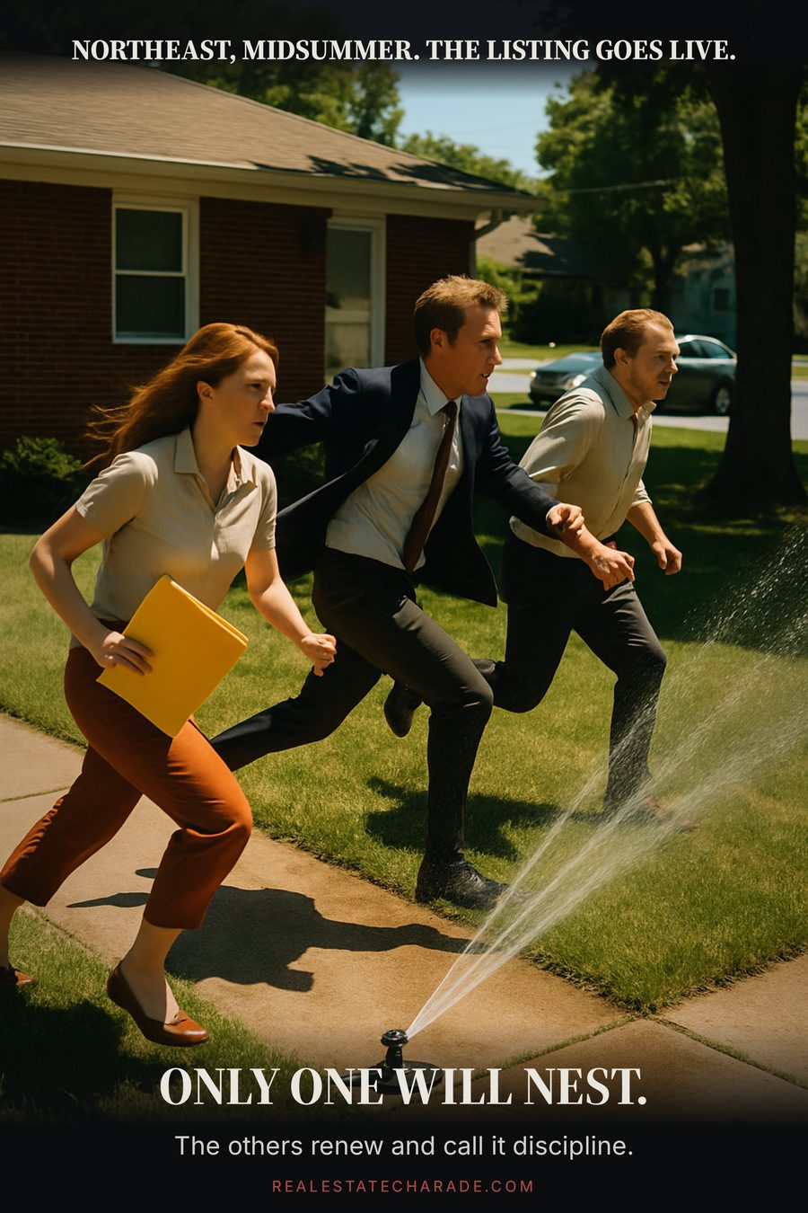 Three adults in business clothes sprinting across the front lawn of a small brick ranch house past a running sprinkler. Caption above reads Northeast, midsummer. The listing goes live. Caption below reads Only one will nest.