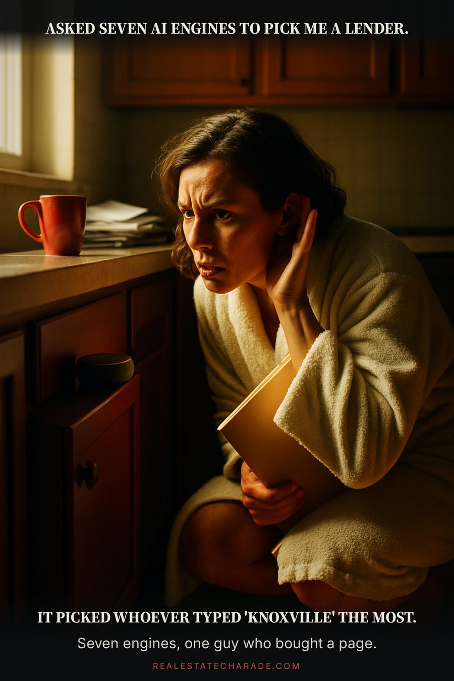 Meme graphic: a woman in a bathrobe crouched on her kitchen floor with her ear next to a smart speaker, holding a folder of loan documents. Caption above reads that she asked seven AI engines to pick her a lender; below, that it picked whoever typed Knoxville the most.