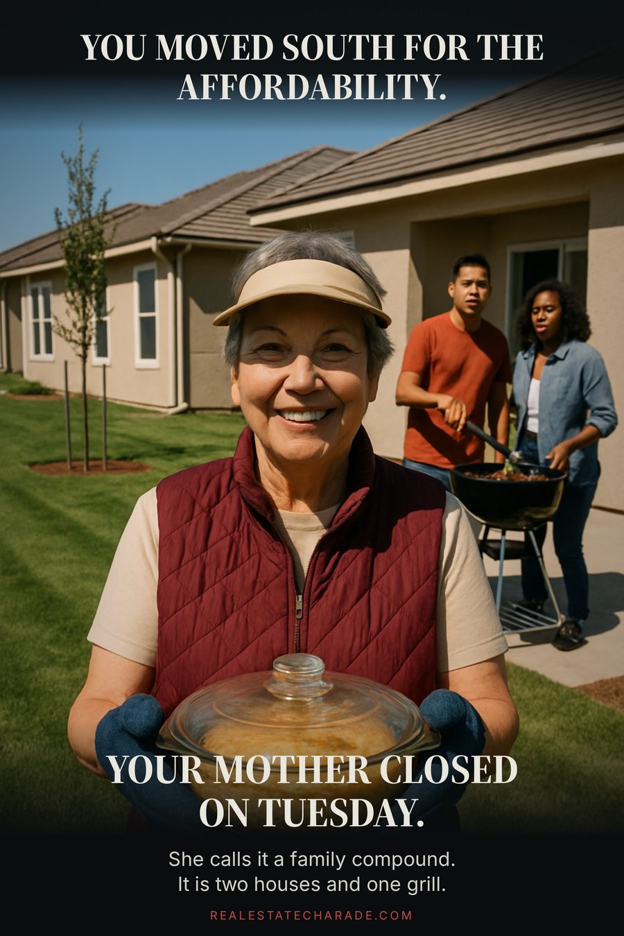 Meme image: an older woman in a sun visor holds a casserole dish on new sod in a subdivision while a younger couple stares from a grill next door. Caption above reads that you moved south for the affordability; caption below reads that your mother closed on Tuesday.