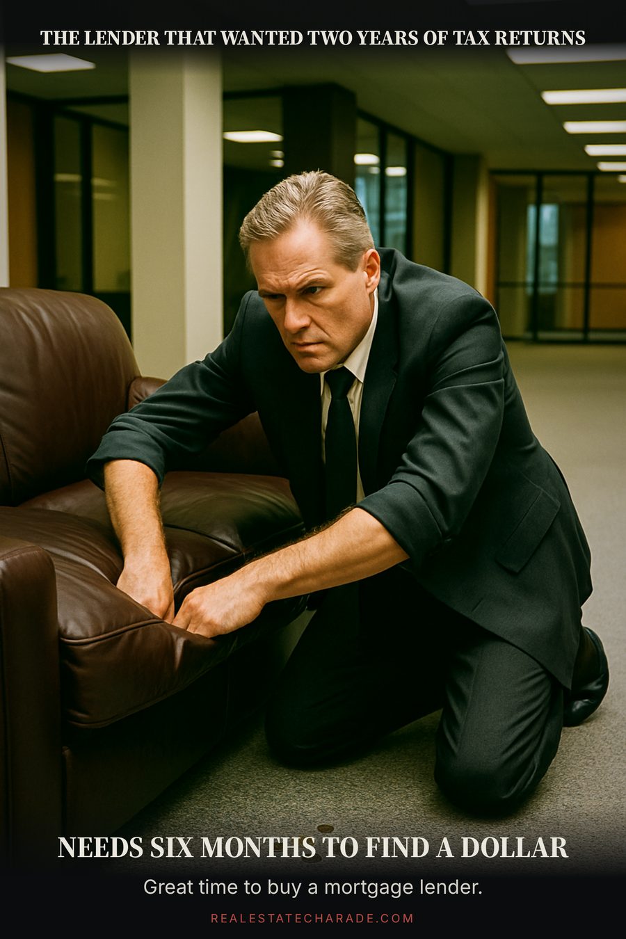 Meme graphic: a man in a suit kneels on office carpet digging through a leather couch for coins. Caption above reads that the lender wanted two years of tax returns; caption below reads that it needs six months to find a dollar.