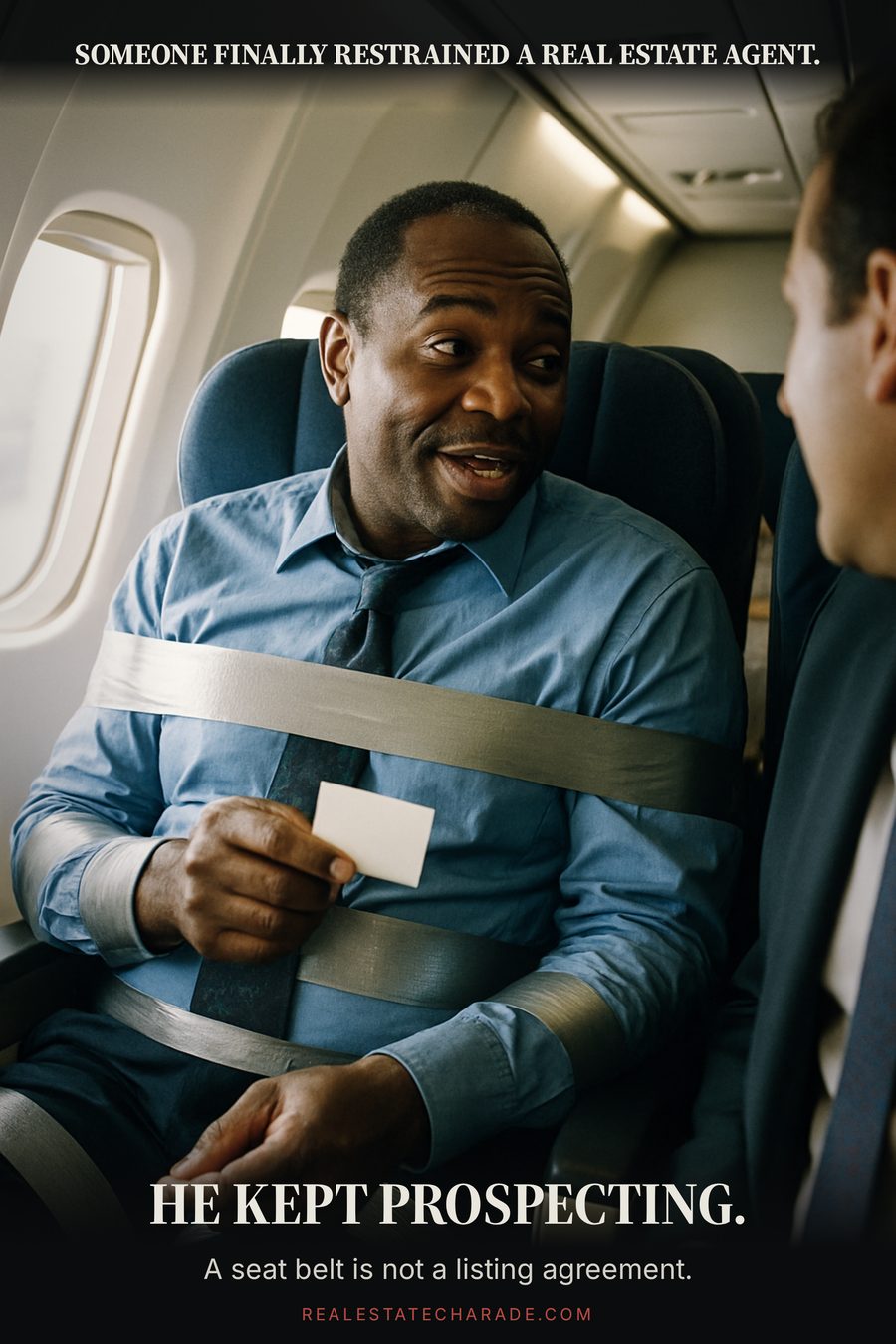 A man in a dress shirt and loosened tie sits in an airline seat with silver duct tape across his chest and arms, calmly leaning toward the passenger next to him while holding a business card. Caption above reads that someone finally restrained a real estate agent; caption below reads that he kept prospecting.