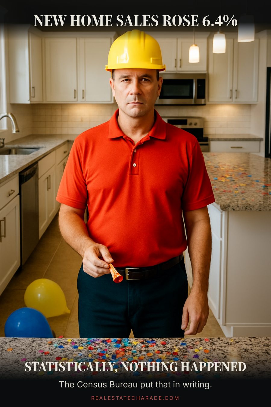 A builder in a hard hat stands alone in an empty model home kitchen holding a used party popper with confetti on the counter. Caption above reads new home sales rose 6.4 percent; caption below reads statistically, nothing happened.