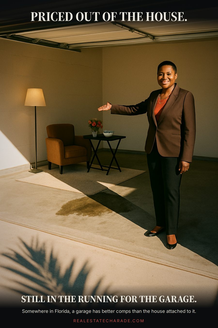 A real estate agent in a blazer presents an empty two-car garage staged like a living room, with a rug, floor lamp, armchair and a card table of mints. Caption above reads Priced out of the house, caption below reads Still in the running for the garage.