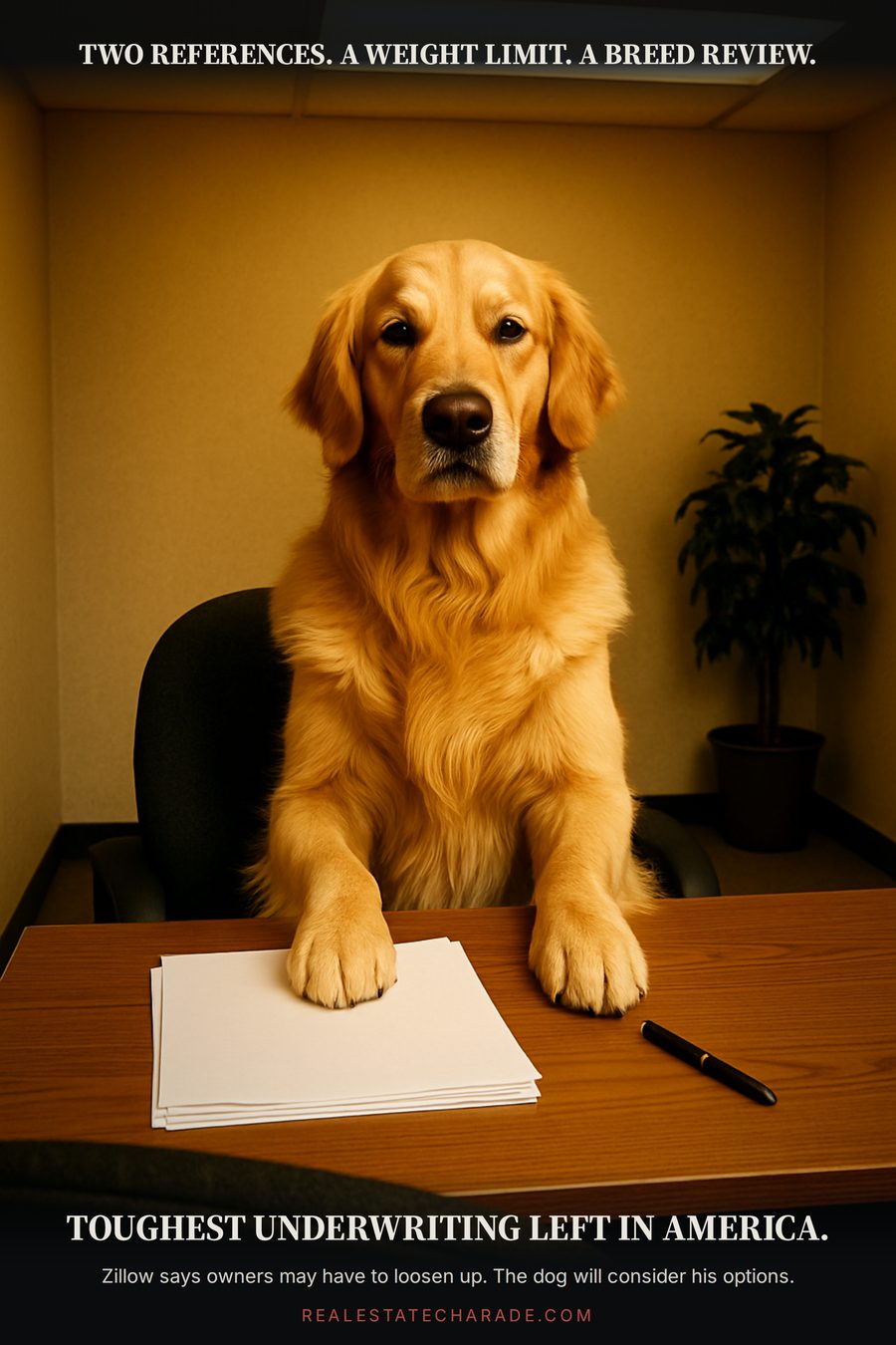 A golden retriever sits upright in a chair at a leasing office desk with paperwork in front of it. Caption above reads two references, a weight limit, a breed review. Caption below reads toughest underwriting left in America.