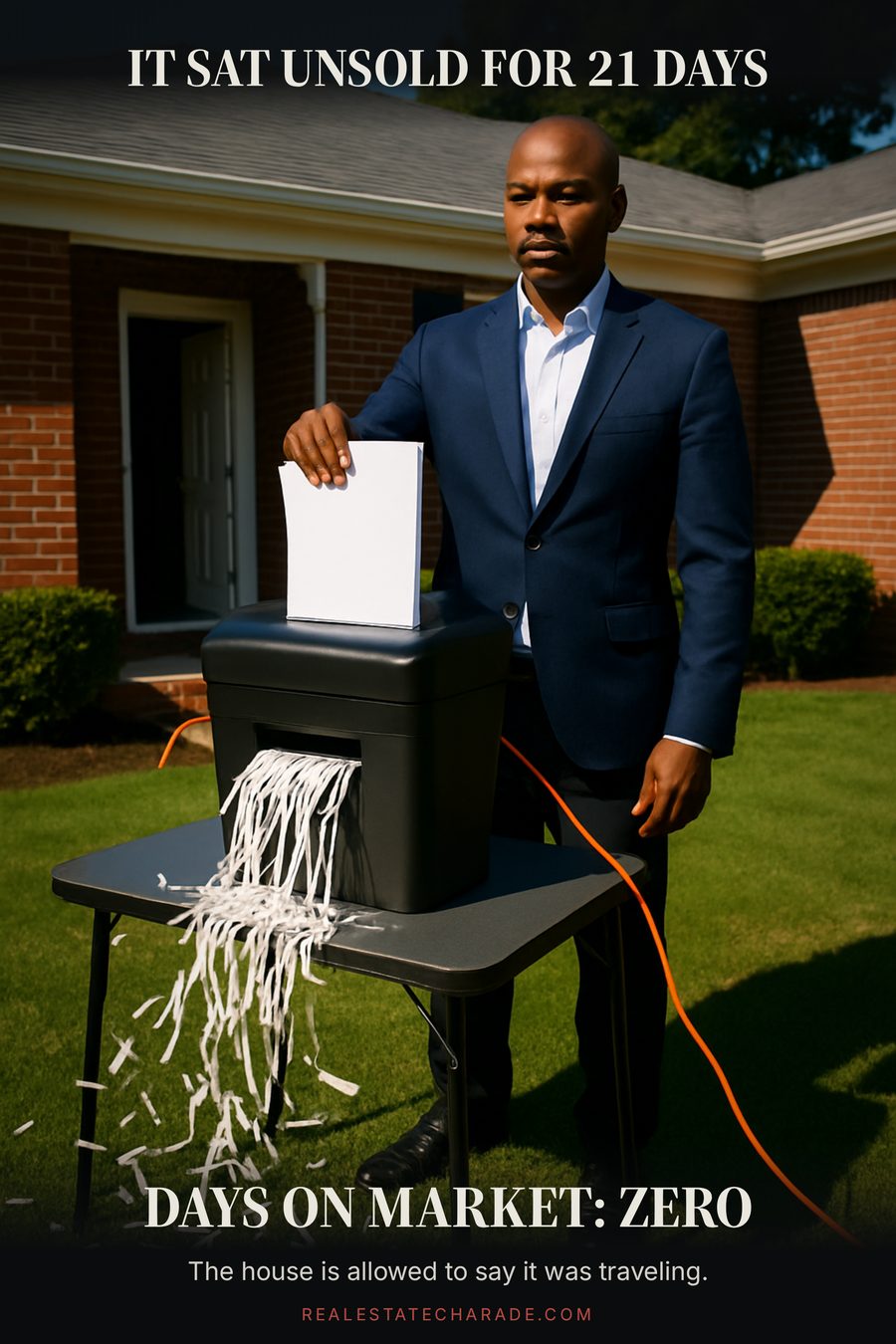 A real estate agent in a blazer stands on a suburban front lawn feeding papers into a paper shredder on a folding table, shredded strips blowing across the grass. Caption above reads It sat unsold for 21 days, below reads Days on market zero.