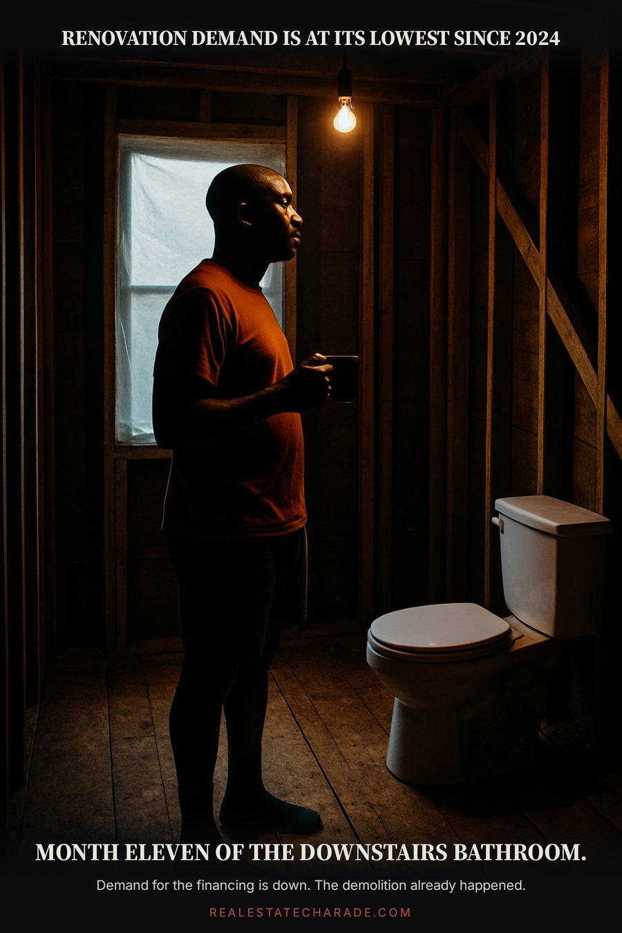 Meme image of a man standing in a gutted bathroom with exposed studs and one toilet, holding coffee. Top caption reads that renovation demand is at its lowest since 2024. Bottom caption reads month eleven of the downstairs bathroom.