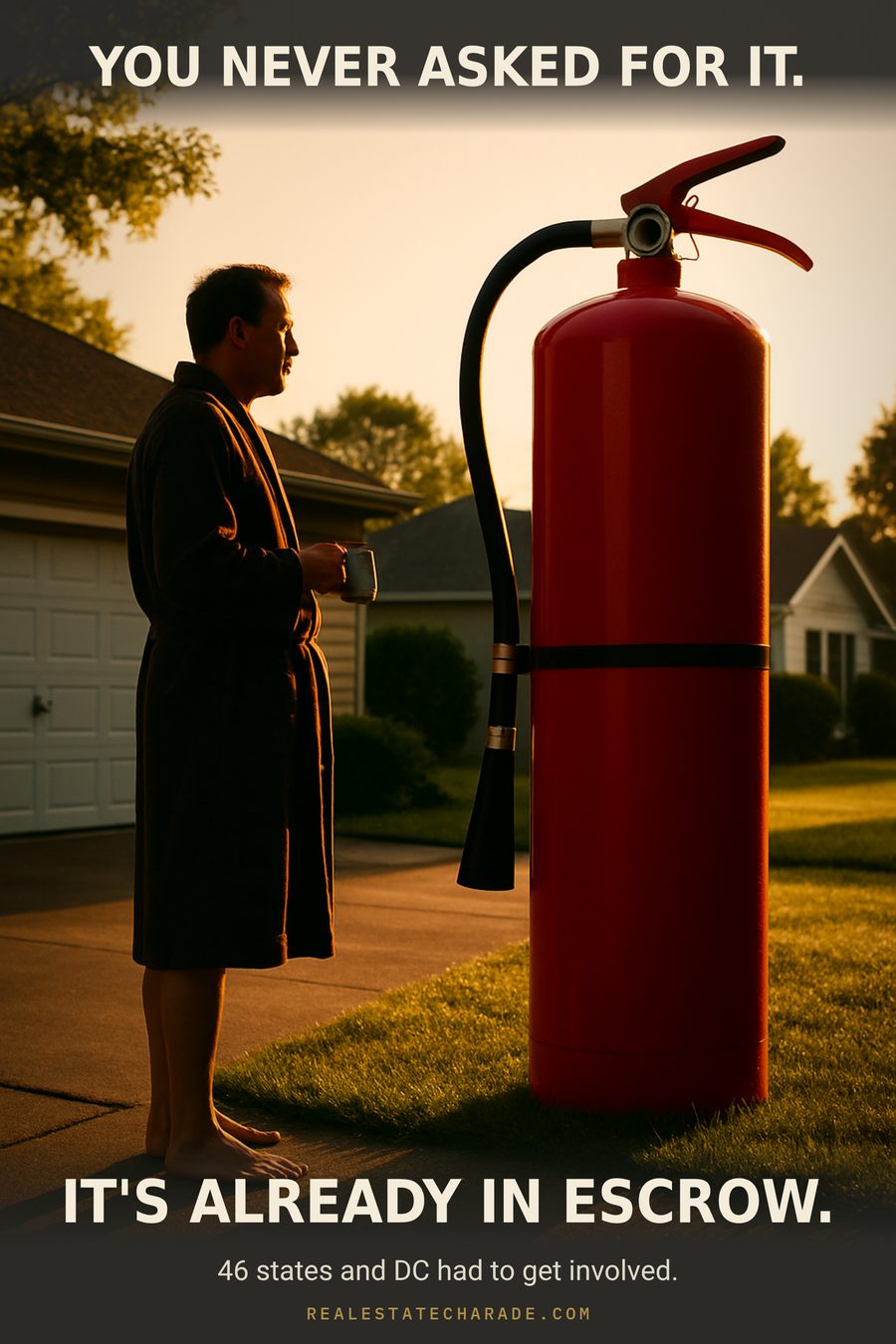 Meme image: a man in a bathrobe stands in his driveway at sunrise staring at a giant industrial fire extinguisher on his lawn. Caption above reads 'You never asked for it.' Caption below reads 'It's already in escrow.' Sub-line: 46 states and DC had to get involved.