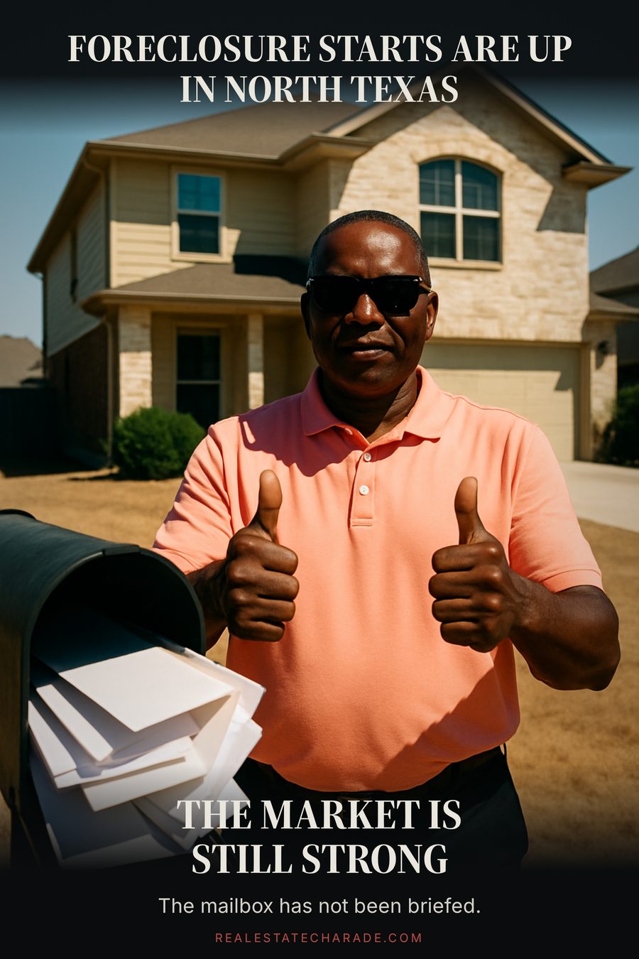 Meme image: a smiling man in a golf polo gives a double thumbs-up on a dead brown lawn in front of a suburban Texas house, with an overstuffed mailbox in the foreground. Caption above reads that foreclosure starts are up in North Texas; caption below reads that the market is still strong, with a smaller line saying the mailbox has not been briefed.