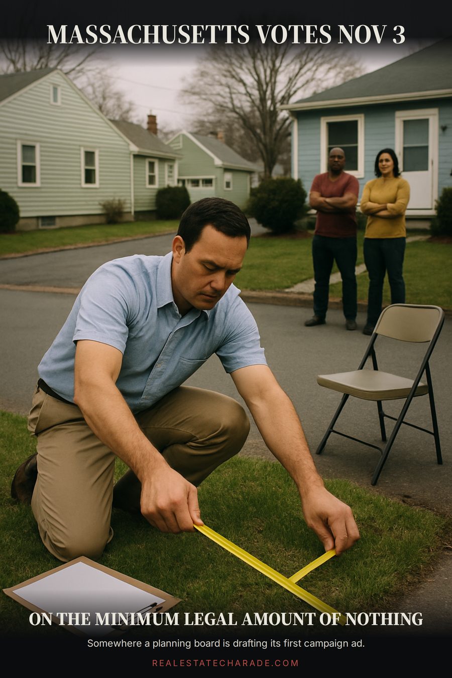 A man kneels on a tiny suburban front lawn measuring the grass with a long tape measure while neighbors watch from across the street. Caption above reads Massachusetts votes Nov 3, caption below reads on the minimum legal amount of nothing.