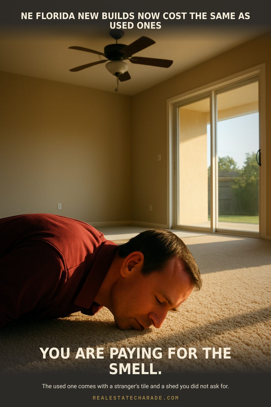 Meme image: a man lies face down on the carpet of an empty new-construction living room, inhaling. Caption above reads that Northeast Florida new builds now cost the same as used ones; caption below reads 'You are paying for the smell.'