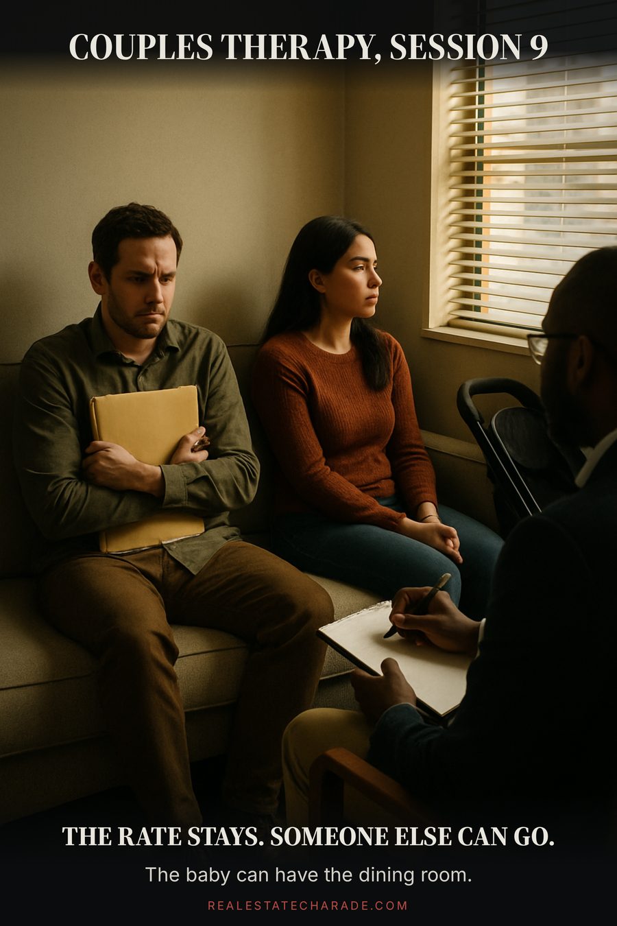 Meme graphic: a couple sits at opposite ends of a couch in a therapist's office, the man hugging a manila folder. Caption above reads Couples therapy, session 9. Caption below reads The rate stays. Someone else can go. Smaller line reads The baby can have the dining room.