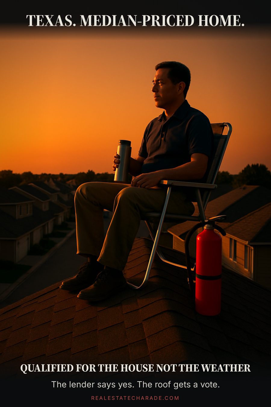 A man sits calmly in a folding lawn chair on the ridge of a suburban roof at dusk with a fire extinguisher beside him. Caption above: Texas, median-priced home. Caption below: qualified for the house, not the weather.
