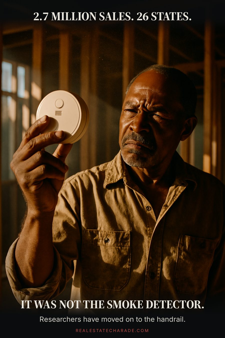 A veteran contractor inside a half-framed house holds a smoke detector at arm's length with deep suspicion. Caption above reads 2.7 million sales, 26 states. Caption below reads: It was not the smoke detector.