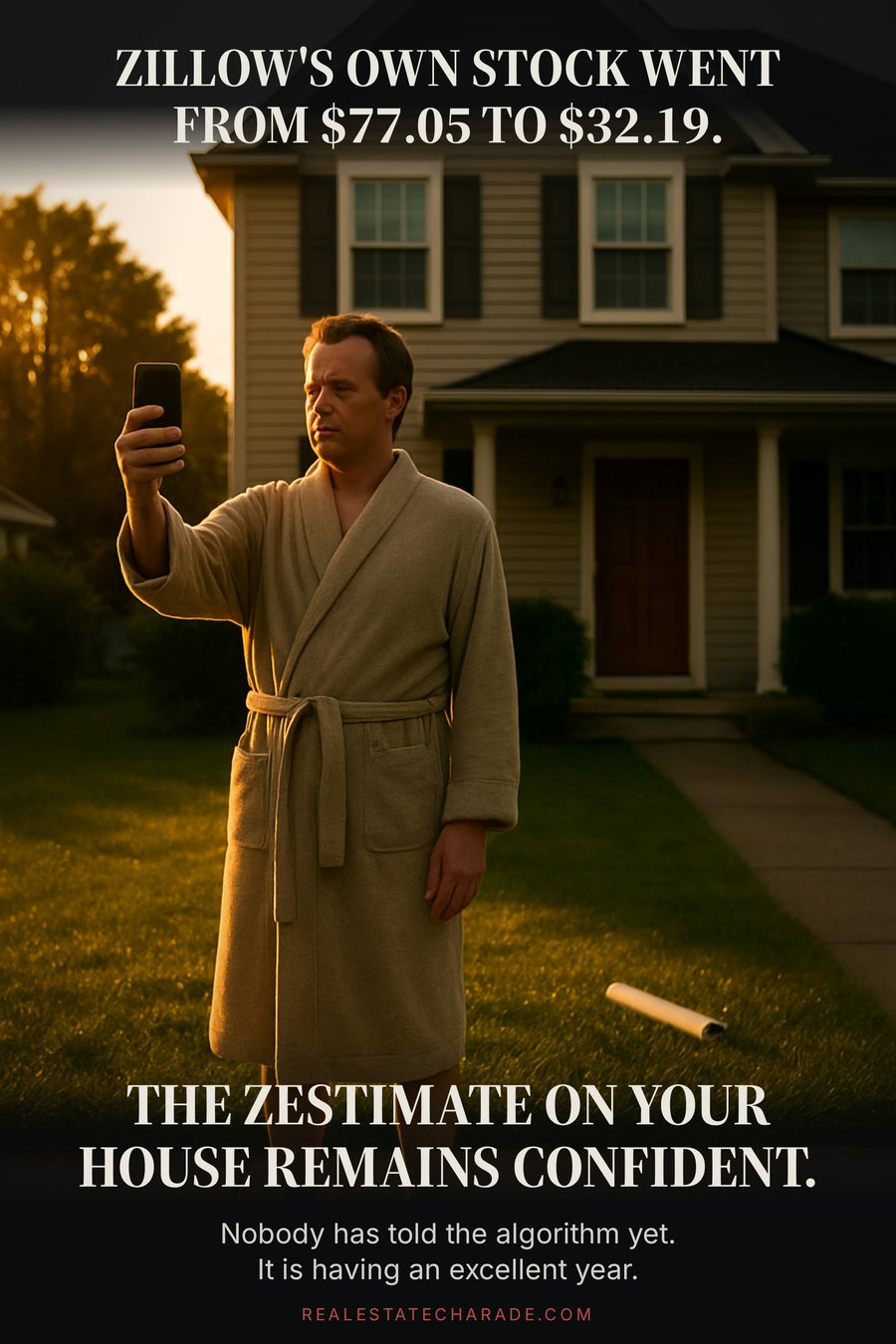 A person in a bathrobe on their front lawn at sunrise holding a phone up toward their house. Caption above reads that Zillow's own stock went from $77.05 to $32.19. Caption below reads that the Zestimate on your house remains confident.