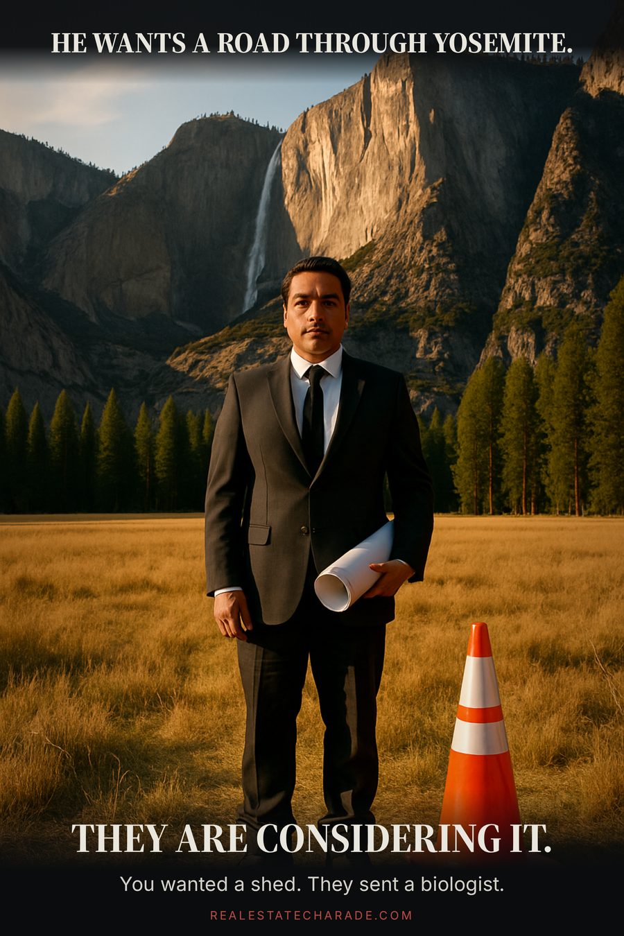 A man in a business suit and hiking boots stands deadpan in a huge granite mountain valley holding rolled blueprints, with a single orange traffic cone in the grass next to him. Caption above reads that he wants a road through Yosemite and they are considering it. Caption below notes you wanted a shed and they sent a biologist.