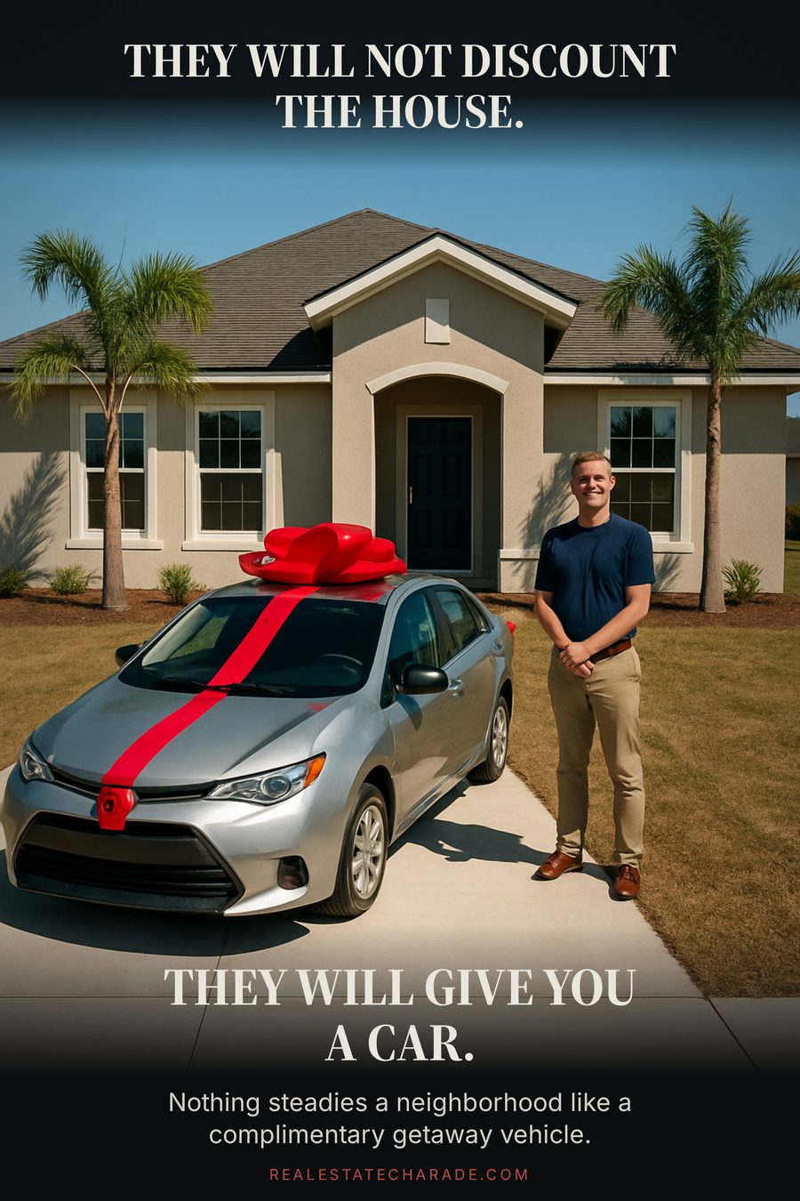 A new empty house with a bare sod lawn. A small silver sedan with a giant red bow sits in the driveway beside a smiling sales agent in a polo shirt. Caption: they will not discount the house. They will give you a car.