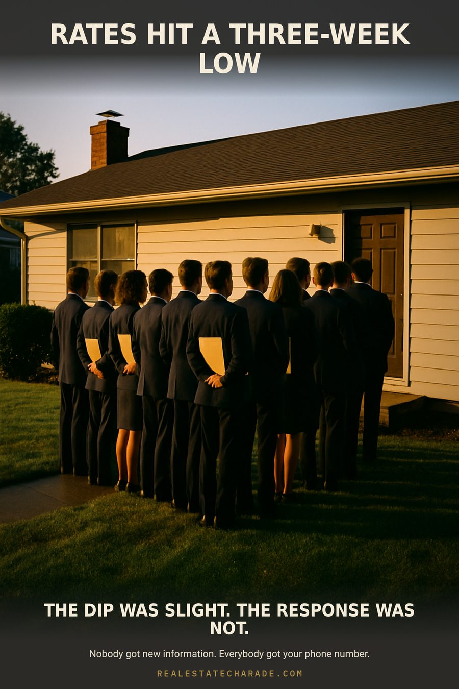 Twelve people in matching navy suits stand in a row on a small suburban lawn at dawn, each holding a manila folder, facing the front door. Caption above: Rates hit a three-week low. Below: The dip was slight. The response was not.