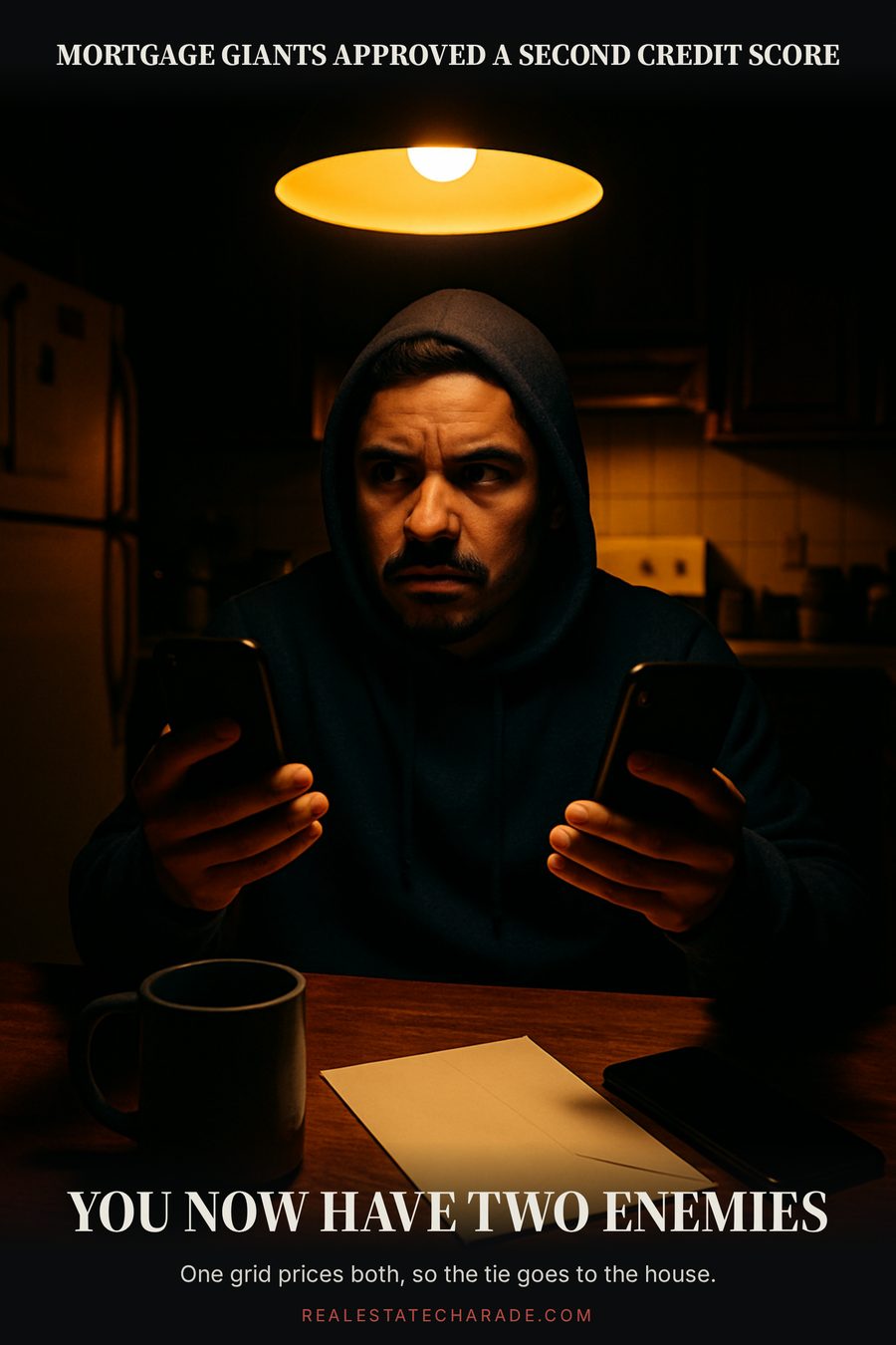 Meme graphic: a man at a kitchen table at night comparing two phones with a suspicious expression. Caption above reads that mortgage giants approved a second credit score; caption below reads that you now have two enemies, with a smaller line noting one grid prices both, so the tie goes to the house.