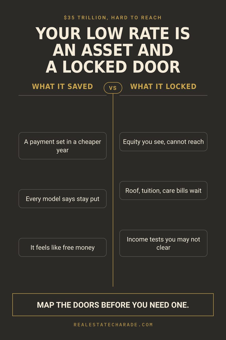 Two-column graphic titled Your low rate is an asset and a locked door. Left column What it saved: a payment set in a cheaper year, every model says stay put, it feels like free money. Right column What it locked: equity you see but cannot reach, roof and tuition and care bills wait, income tests you may not clear. Verdict: map the doors before you need one.